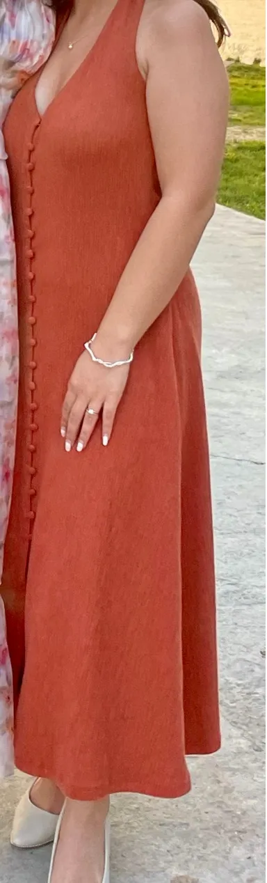 Deep Orange Lulus Halter Midi Button Down Dress - Image 3