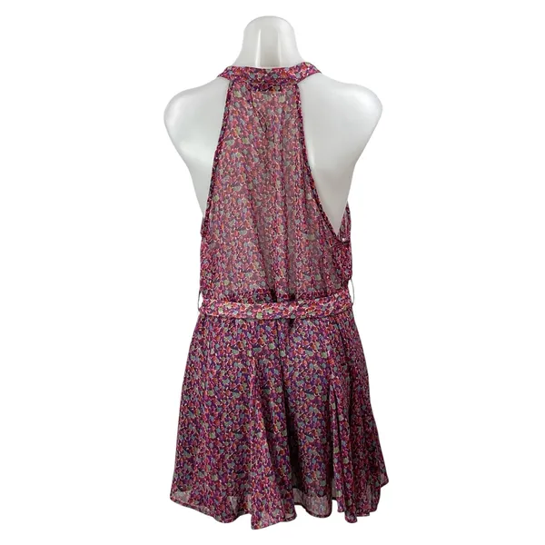 Zara Women's Pink Floral Sleeveless Tie Waist Sheer Halter A-line Mini Dress XL - Image 3