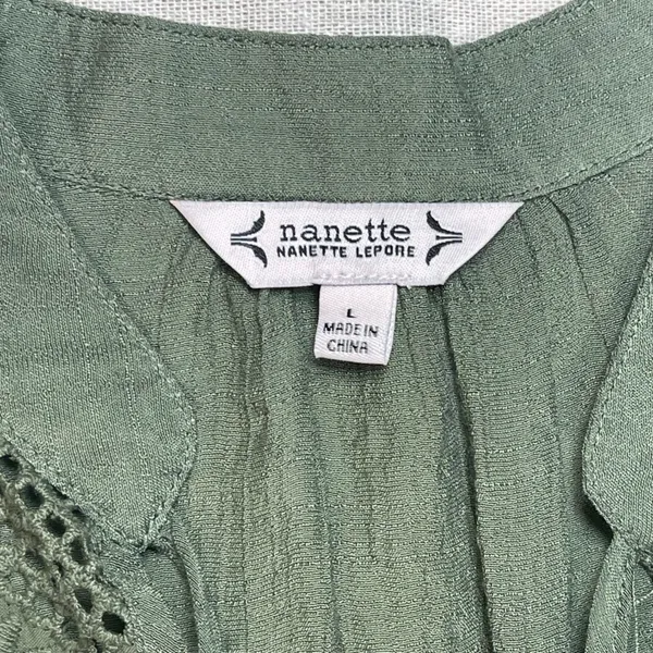Nanette Lepore | Olive Green Lace Yoke Short Sleeve Top | Large - Image 8