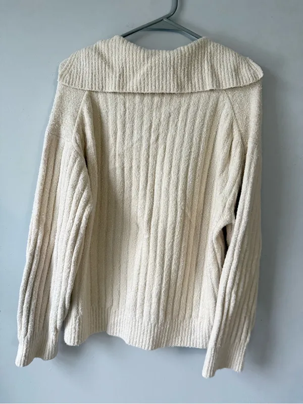 J. Crew Cozy Cream V-Neck Hooded Sweater with Pockets Ribbed Beige Cream Size M - Image 10