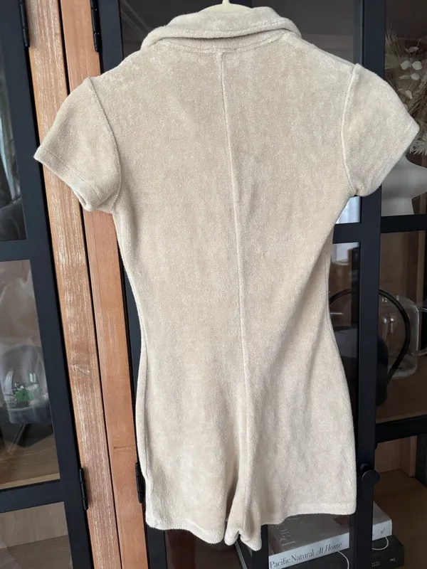 Frankie’s Bikinis Rose terry Romper onesie beige sand short sleeve button down - Image 5