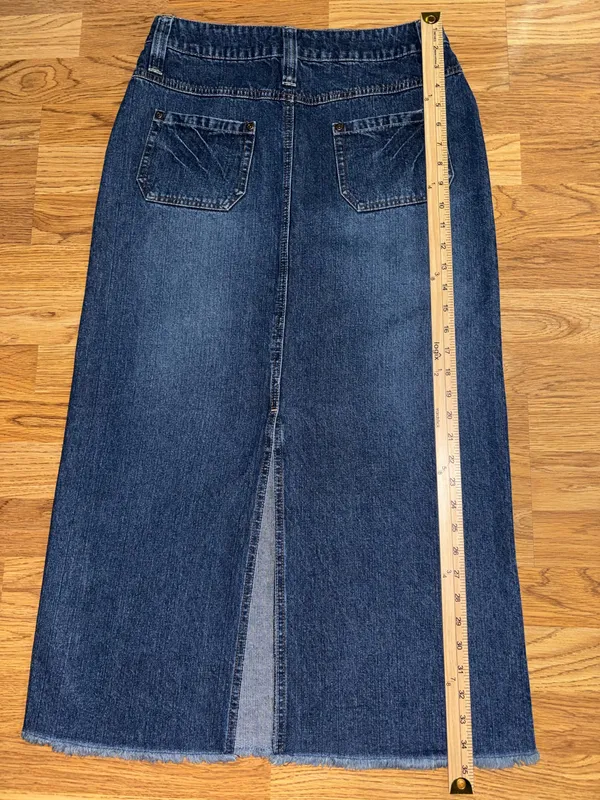 Cato Long Denim Skirt Women’s Size 6 Dark Wash Distressed Raw Hem Fringe Slit - Image 13