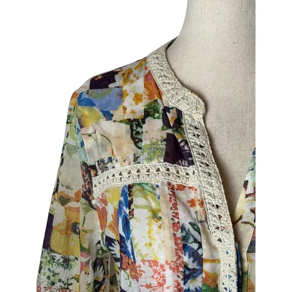 Maeve Abella Blouse Women 0 Ivory Floral Patchwork Pin Tuck Cotton Top Boho - Image 6