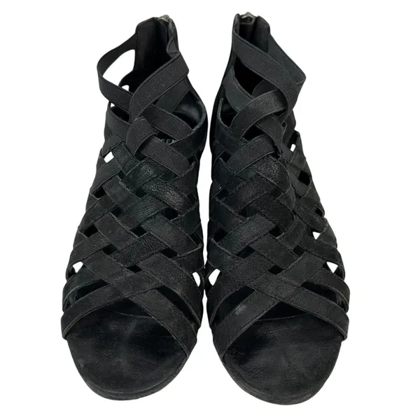 Eileen Fisher 6 Oodle Black Criss Cross Sandal Wedge Nubuck Leather Stacked Heel - Image 3