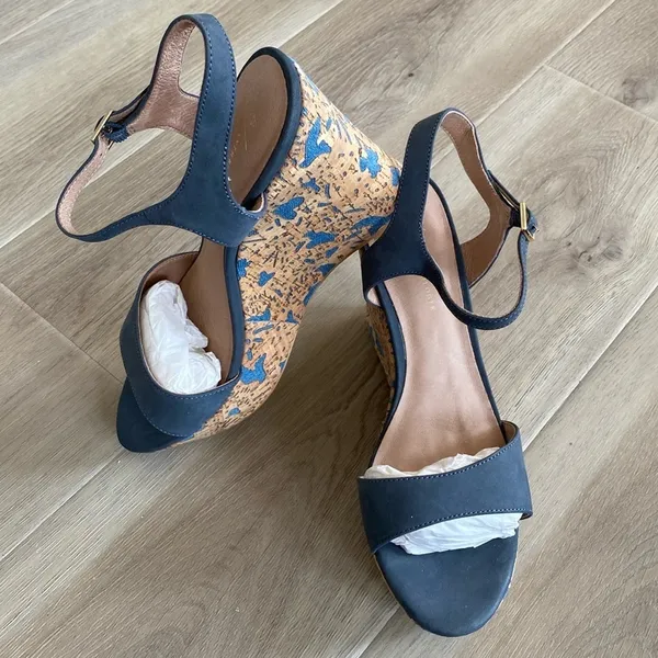 Anthropologie Arden Denim Blue Cork Platform Wedge Leather Sandals Size 9 - Image 2