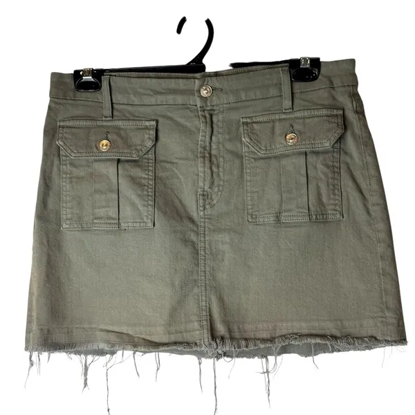 7 For All Mankind Skirt Women‎ 32 Olive Green Moss Utility Pocket Raw Hem Mini - Image 2