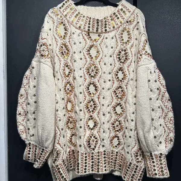 Free People Guilded Cream and Gold Embroidered Sweater - Image 7