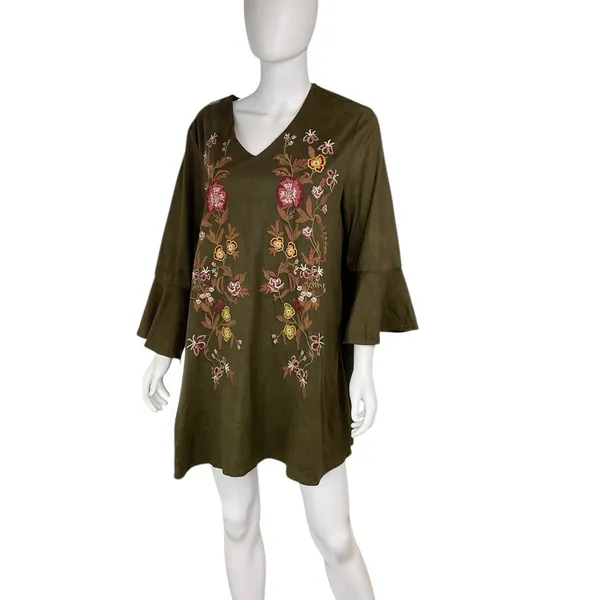 Umgee Boho Dark Green Floral Embroidered Faux Suede‎ Ruffle Sleeve Tunic Dress L - Image 3