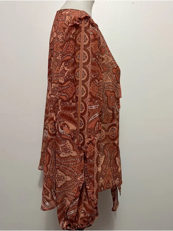 INC International Concepts Rust Paisley Tie-Front Tassel Blouse 1X Bohemian - Image 4