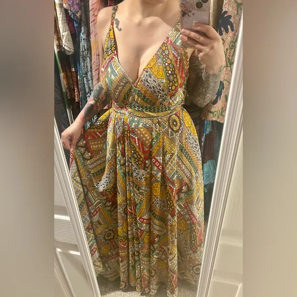 Geo Ethnic Print Silk Maxi Dress - Image 2