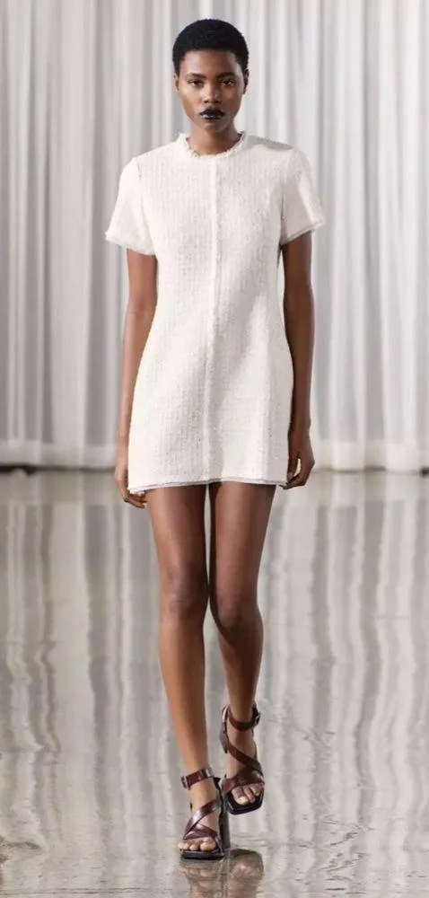 NWT❗️ZARA Elegant White Tweed Short Cutted Dress ZW Collection Mini Ivory Size M - Image 14
