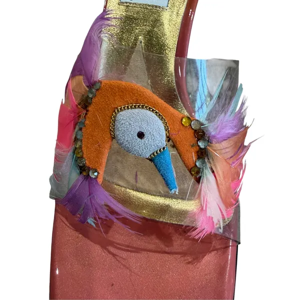 Timothy Hitsman Pink Feather Bird Heels Size 6M Clear Strap Sculptural Y2K Mules - Image 5