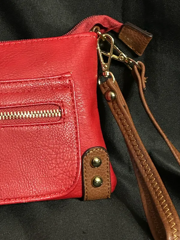 Women’s Red & Floral Crossbody Bag With Brown Strap Shoulder Purse - Image 3
