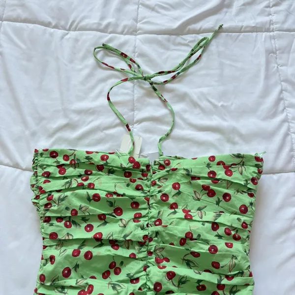 NWT Green Ruched Halter Tie Mini Bodycon Dress Womens‎ Size Small Cherry Summer - Image 8