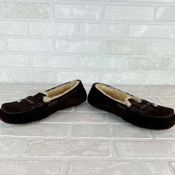 UGG Ansley Moccasin Slippers Womens 10 Brown Suede Shearling Fur Lined Zip Charm - Image 11