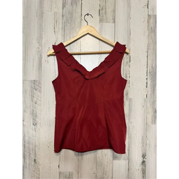 Ann Taylor Red Ruffle V Neck Sleeveless Blouse Top Career Work Office Size 2 - Image 3