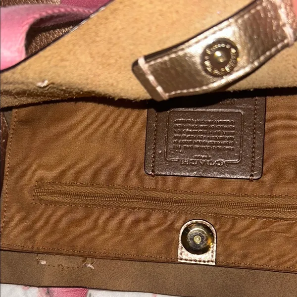 Coach Rose Gold Metallic Tote Bag with Pink Canvas Straps - Image 11