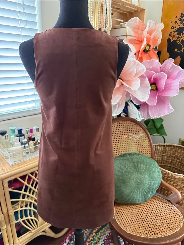Zara Brown Vegan Suede Sleeveless Earthy Boho Hippie Pocahontas Mini Dress - Image 2