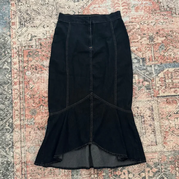 Dark Wash Denim Mermaid Midi Skirt Flounce Hem Contrast Stitch Indigo Size M - Image 3