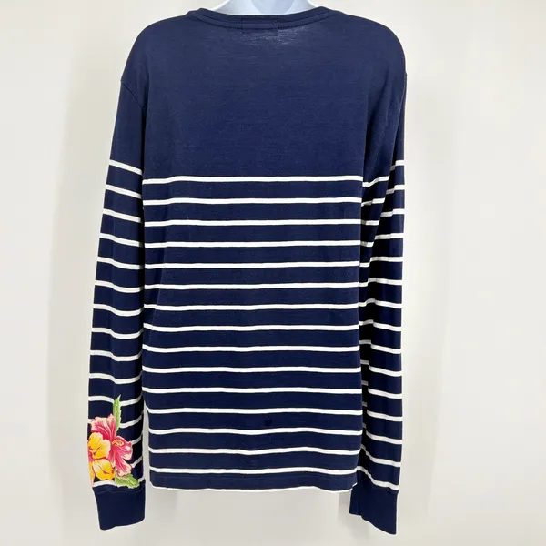 Polo Ralph Lauren Tee Women SM Navy White Stripe‎ Hibiscus Long Sleeve Nautical - Image 6
