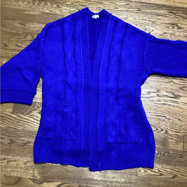 POL chunky cable knit sweater Long open front Belted cardigan Royal Size M/… - Image 5