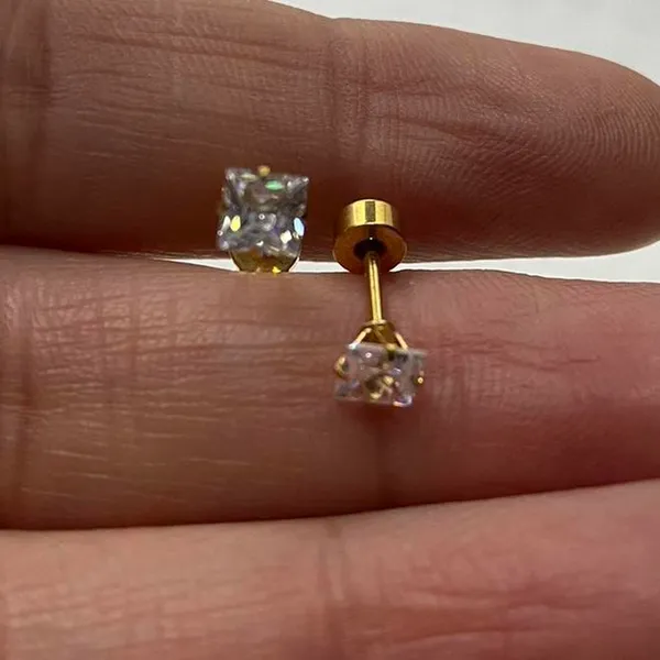 18k Gold plated Square White Crystal Zircon 4mm Stud Earrings - ERG-S - Image 3