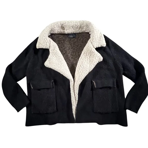 Zara Knit Womens M Black Cream Sherpa Collar Open Front Jacket Cardigan Textured - Image 2