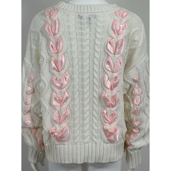 Women’s Ivory Chunky Cable Knit Sweater Pink Ribbon Bow Oversized Himekaji L - Image 8
