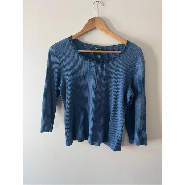 Lauren Ralph Lauren Blue Waffle Knit y2k 100% Cotton blouse L Lace Trim coquette - Image 3