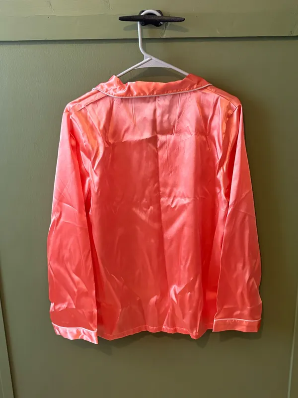 Coral Satin Button Front Pajama Set Pink Size L - Image 3