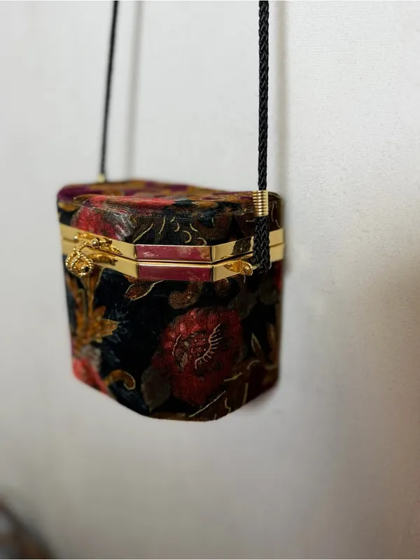 Floral Velvet Hard Case Box Purse Crossbody Evening Bag Gold Frame Mirror - Image 4