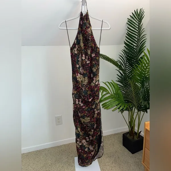 Amanda Uprichard Elektra Backless Gathered Side Slit Gown L Halter‎ Maxi Floral - Image 5