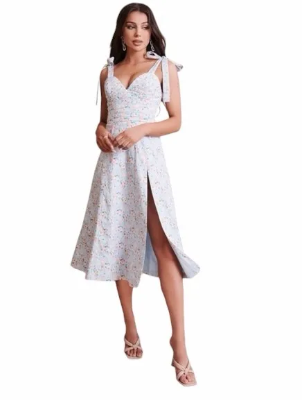 Lavish Lice Blue Floral Pleated Tie Strap Cotton Blend Midi Dress Womens 12 - Image 9
