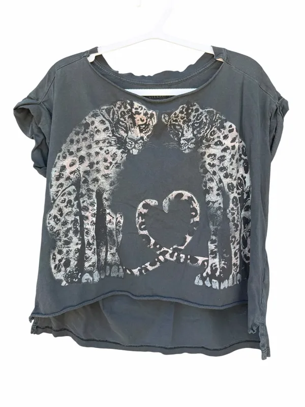 AllSaints Leopard Graphic Women’s Tee S Charcoal Cropped Grunge Benin Pina - Image 3