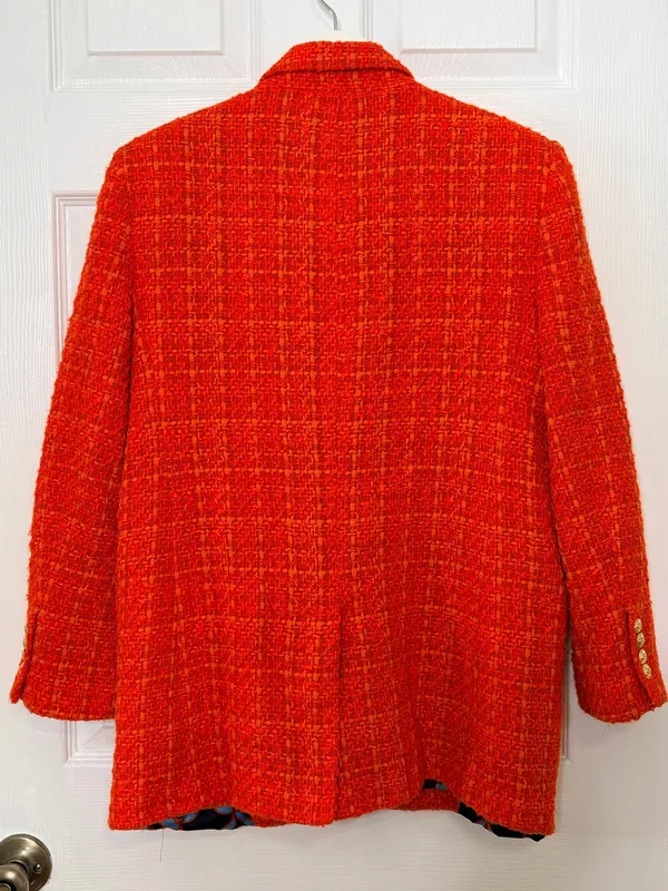 Zara Orange Bouclé Tweed Blazer Gold Button Preppy Quiet Luxury Old Money Size L - Image 3