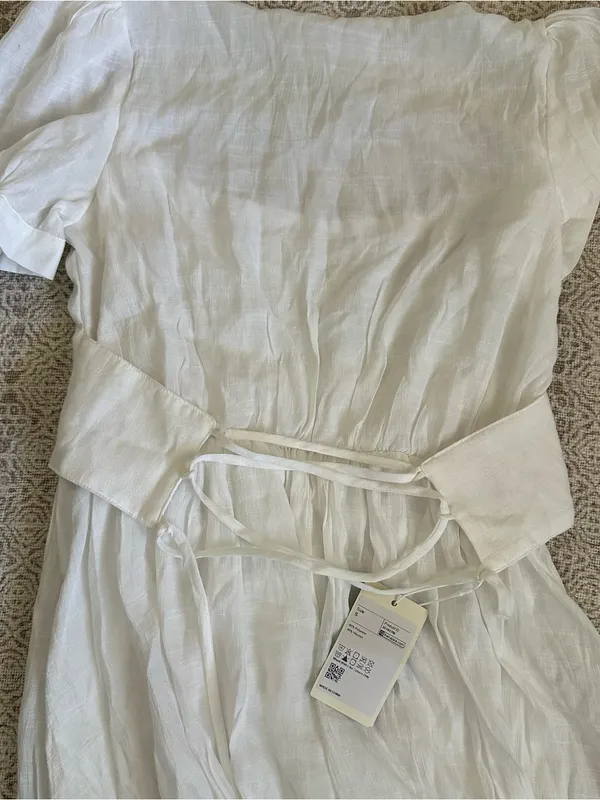 Halara White Square Neck Puff Sleeve Lace Up Cinch Waist Flowy Maxi Dress - Image 8