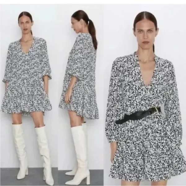 C Zara Claris Back & White V-Neck Long Sleeve Ruffle Women Mini Dress Size M - Image 2