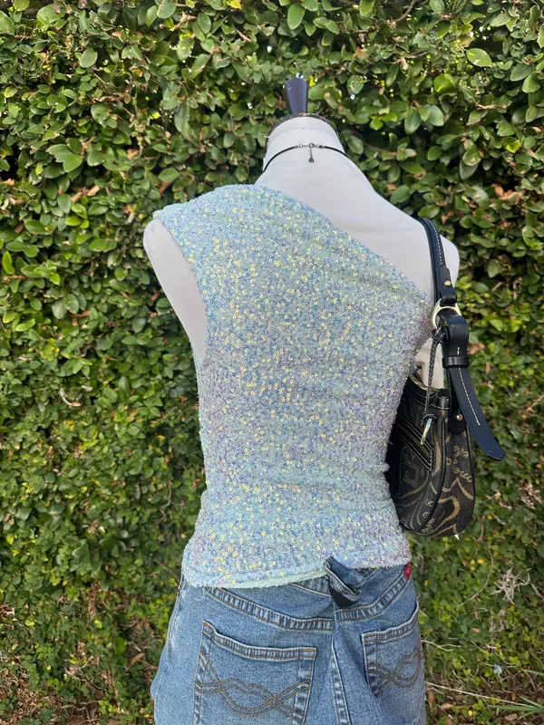 ✨2000’s off the shoulder sequins top Blue - Image 3