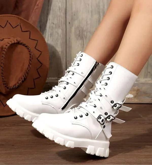 White Combat Boots w/ Buckles Woman’s Size 38 (7.5) NWOT - Image 5