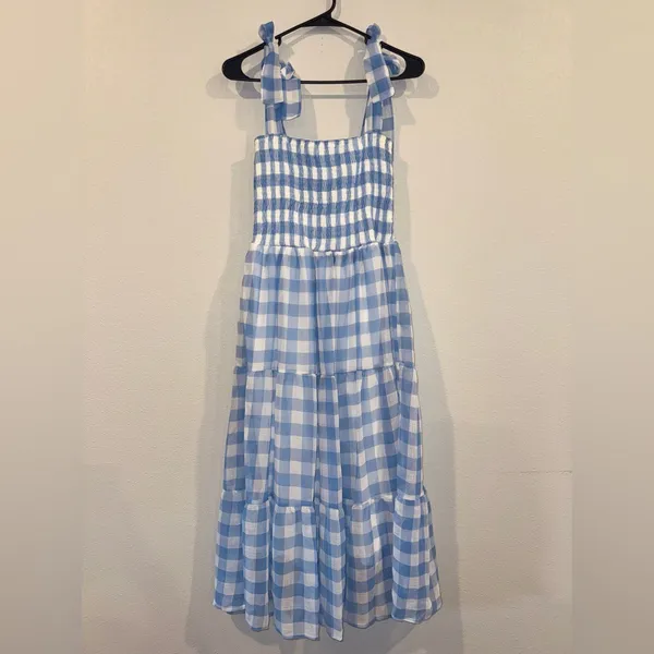 Cellecci Blue Gingham Smocked Tie Strap Tiered Midi Dress Size M - Image 7