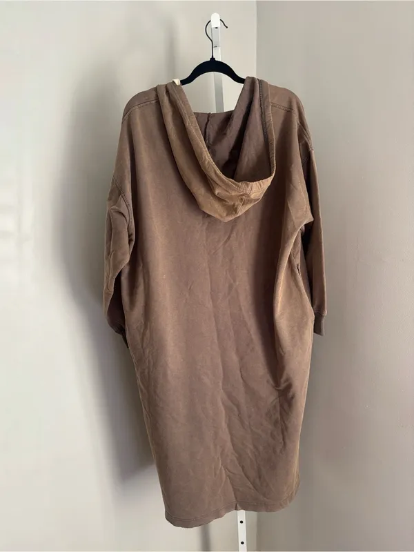 POL Vintage Washed V-Neck Long Sleeve French Terry Hoodie Lounge Dress Taupe - Image 5