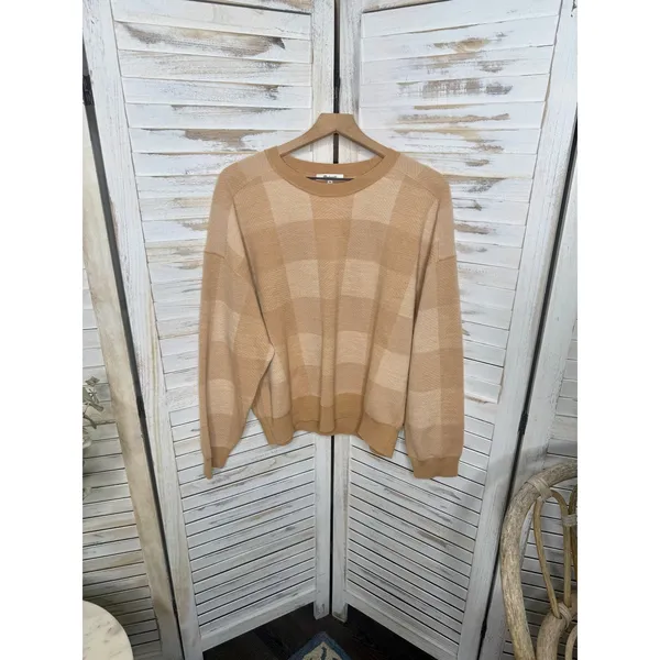 MADEWELL Women's XL Merinol Wool Windowpane Plaid Pullover Sweater Camel Tan - Image 2