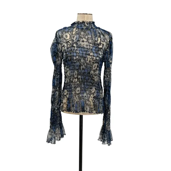 Free People Hello There Top‎ Blouse Smocked Flare Sleeve Mesh Floral Blue Large - Image 3