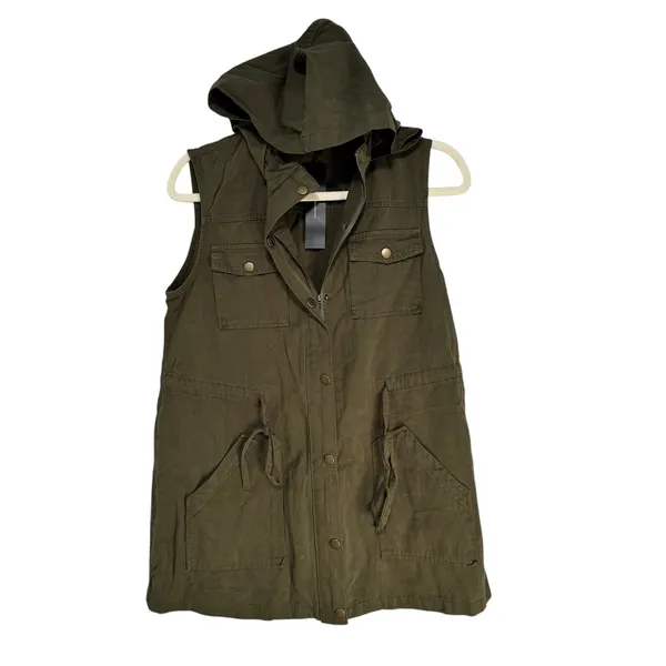 Allegra K Womens Olive Green Hooded Utility Vest‎ Cotton Drawstring Waist Small - Image 8