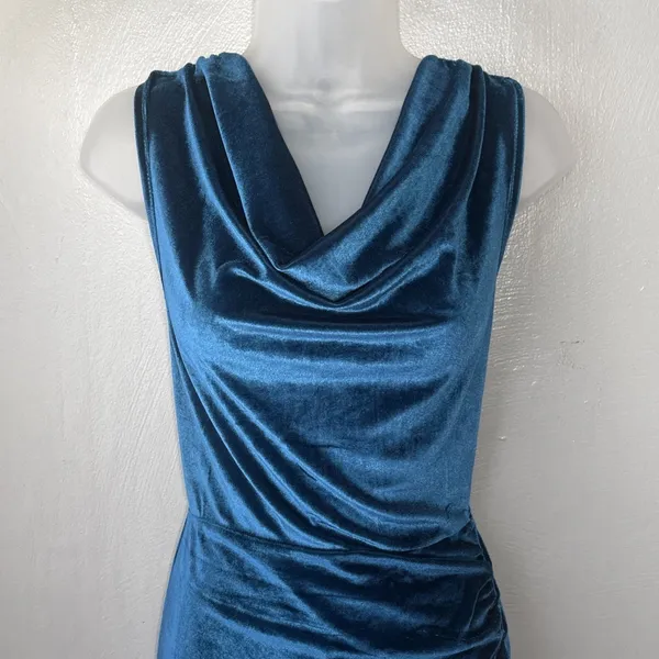 Zaful Velvet Midi Dress Size 6 Blue Ruched Party Fairy Whimsigoth Wedding Guest - Image 4