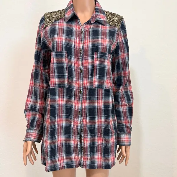 Free People Little Bit of Sugar plaid flannel sequin mesh panels TLS2 3585 - Image 9