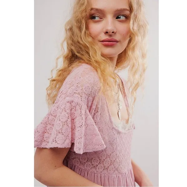 Free People Ethereal Bohemian Bring The Romance Midi Maxi Dress Blush Pink Small - Image 4