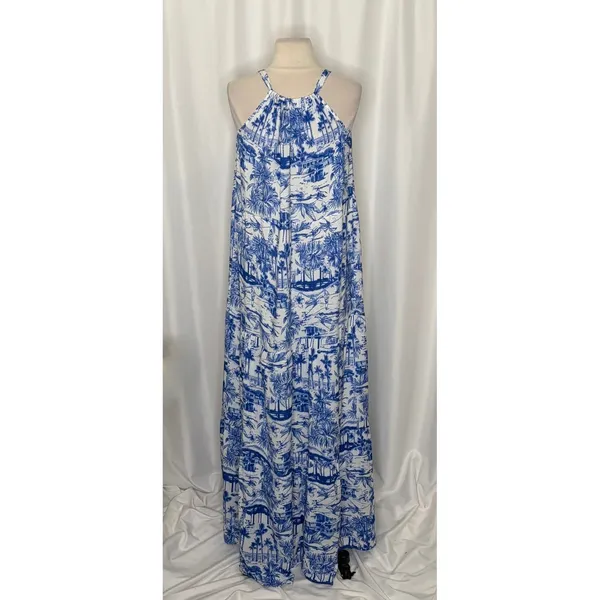 By ANTHROPOLOGIE Jasmine Tiered Cover-Up Dress Maxi Tropical Toile Blue Medium‎ - Image 8