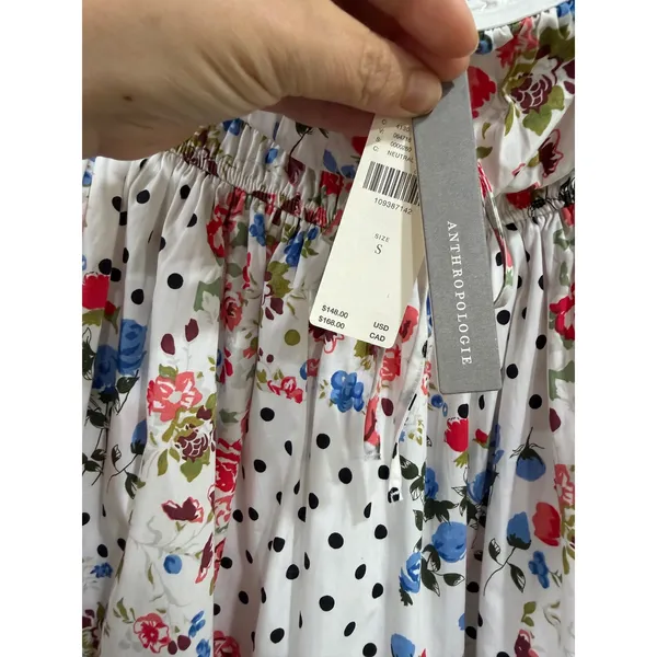 Anthropologie Somerset Strapless Mini Dress Floral Polka Dot Smocked Neutral S - Image 7