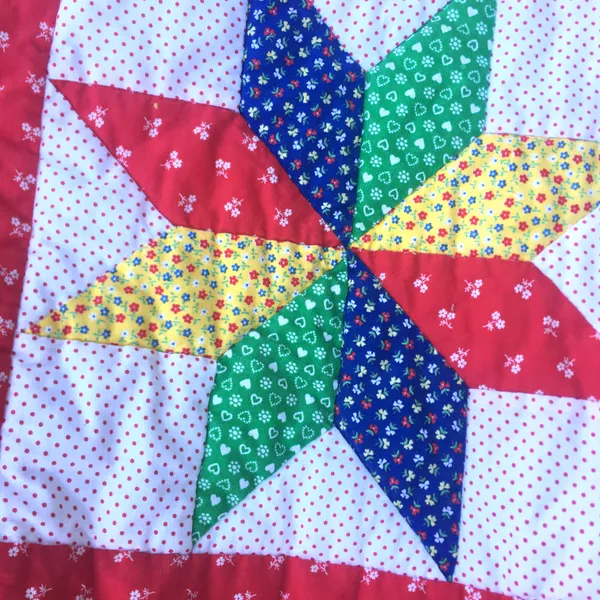 Vintage Handmade Star Quilt Square Quilted Calico Tote Handbag Red White Blue - Image 4